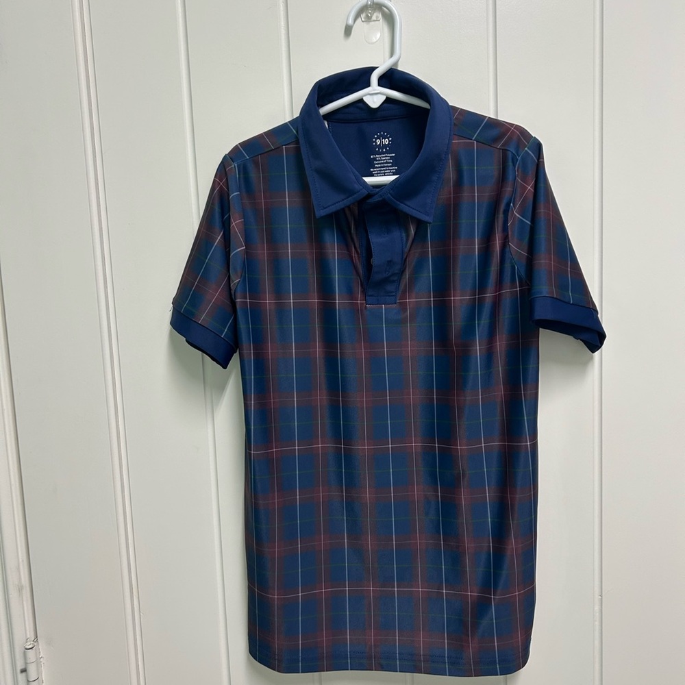 Boys Navy Plaid Short Sleeve Polo Shirt